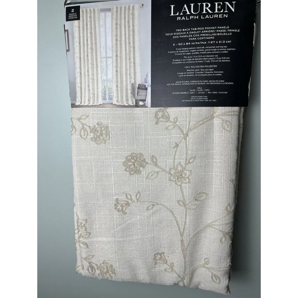 Lauren Ralph Lauren Beige Embroidered Floral Curtains‎ 2 Panels 50x84” New